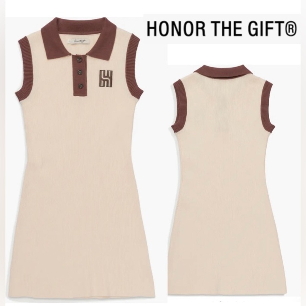 Honor The Gift Womens Ribbed Tennis Dress In Cream And Brown Polo Xl Nwt — image 2 of 8